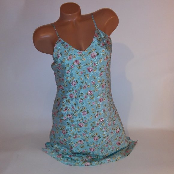 Lingerie Chemise Slip Medium Blue Pink Floral Cottage Core Bust 18" Length 34" P - Picture 2 of 7